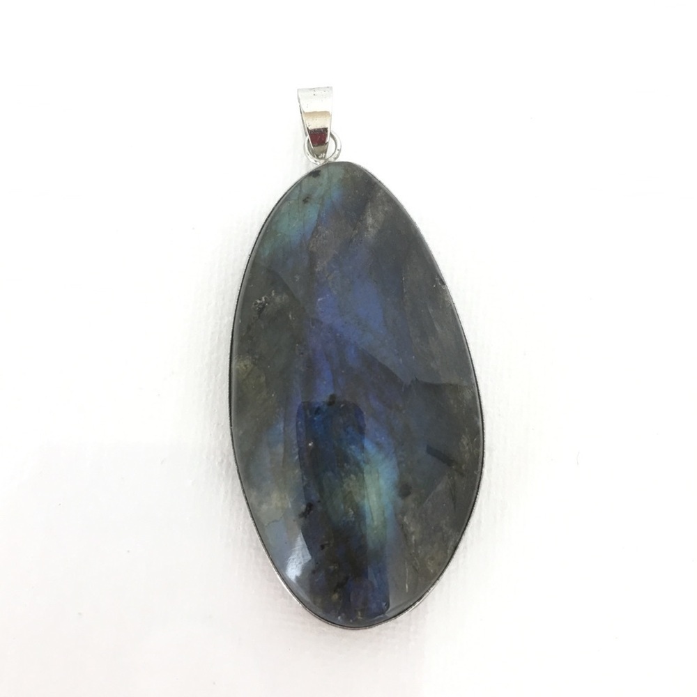 Labradorite Blue Green Flash Large Pendant Oval Natural Stone Silver Metal Wrap - Picture 6 of 14